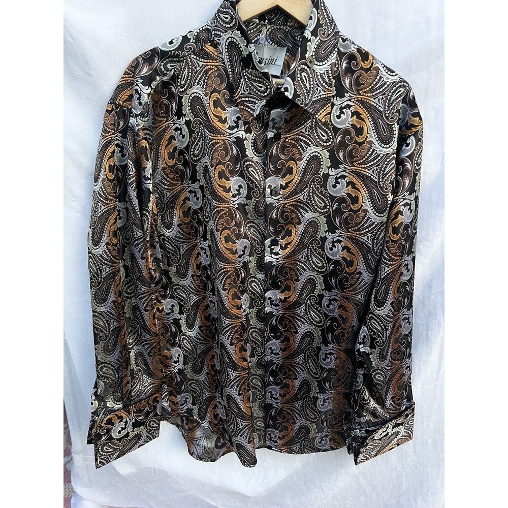 Retro Manzini XL Y2K Paisley Silky Dress Shirt Brown Black Button Up Long Sleeve